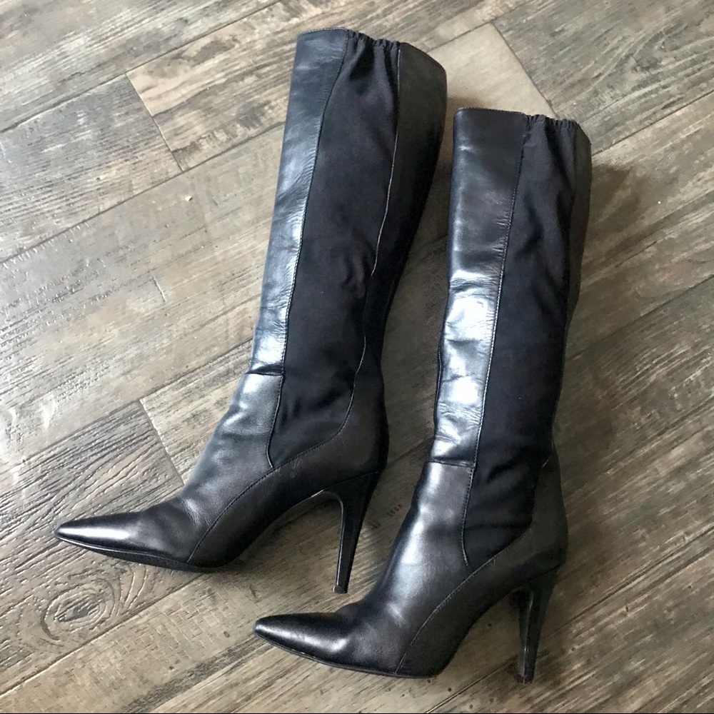 Tahari Black Leather Pull On High Heeled Boots 7 - Picture 2 of 16